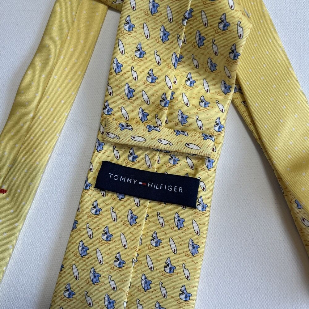 Sharks & Surfboards Silk Necktie Yellow Blue Tommy Hilfiger Funny Beach Coastal - Picture 5 of 9